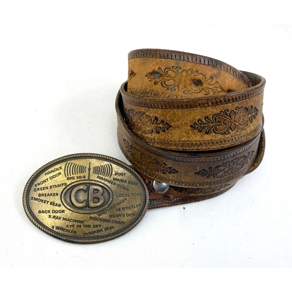 Vtg Mens Tooled Leather Belt CB Radio Brass Buckle Western Country Trucker 47"